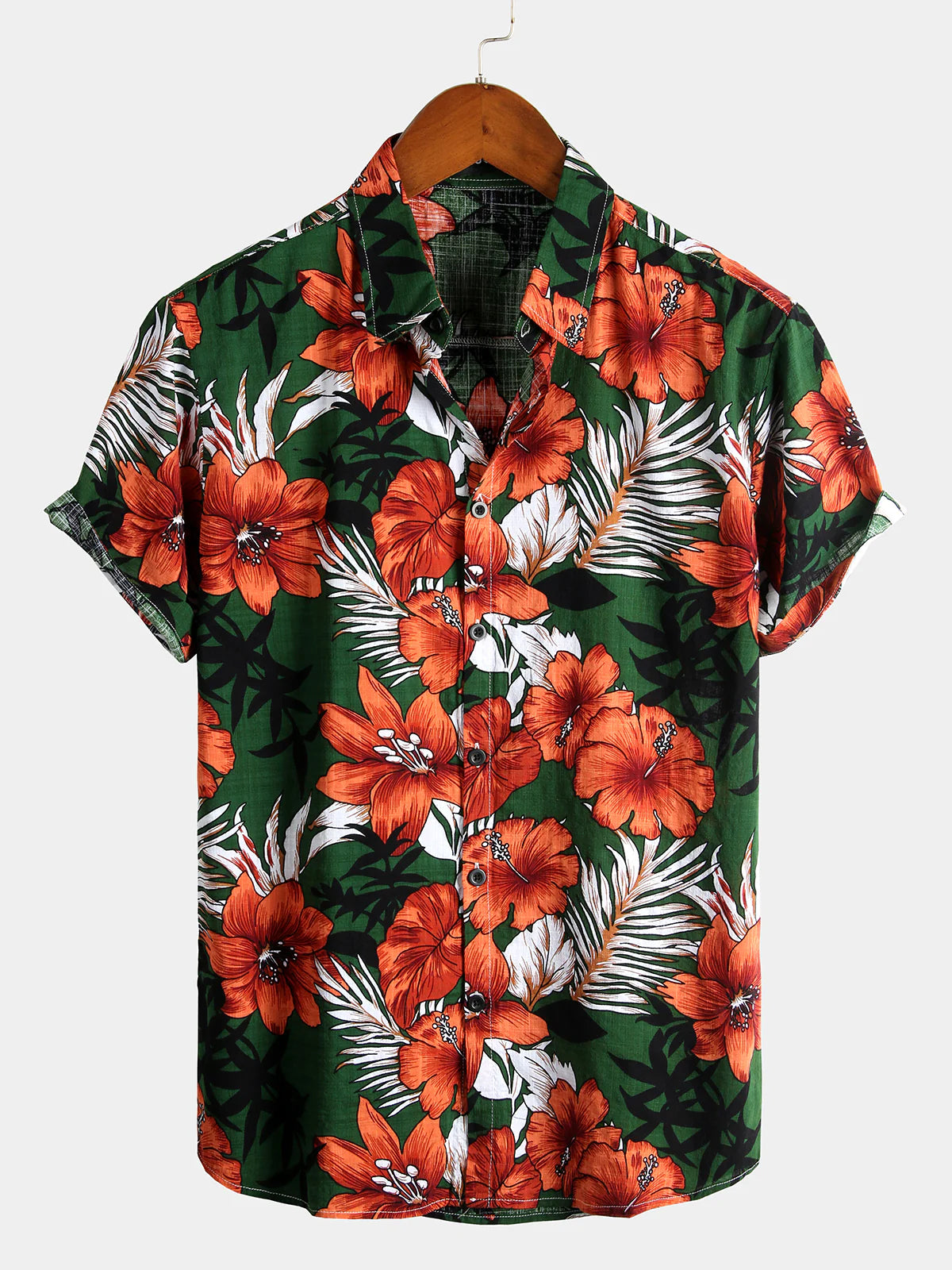 Men’s Hawaiian-Style Green Floral Cotton Shirt