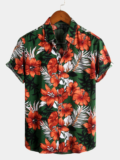 Men’s Hawaiian-Style Green Floral Cotton Shirt