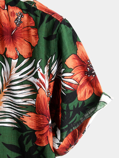 Men’s Hawaiian-Style Green Floral Cotton Shirt