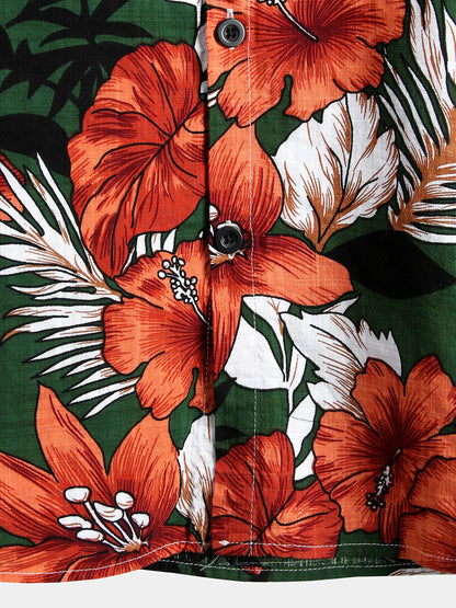 Men’s Hawaiian-Style Green Floral Cotton Shirt