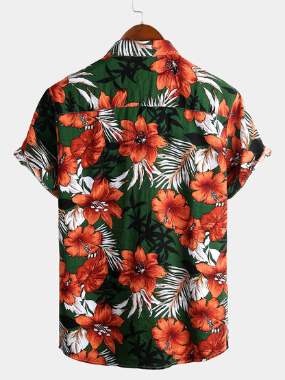 Men’s Hawaiian-Style Green Floral Cotton Shirt