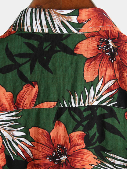 Men’s Hawaiian-Style Green Floral Cotton Shirt