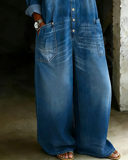 Off Shoulder Denim Jumpsuit with Wide-Leg Pants