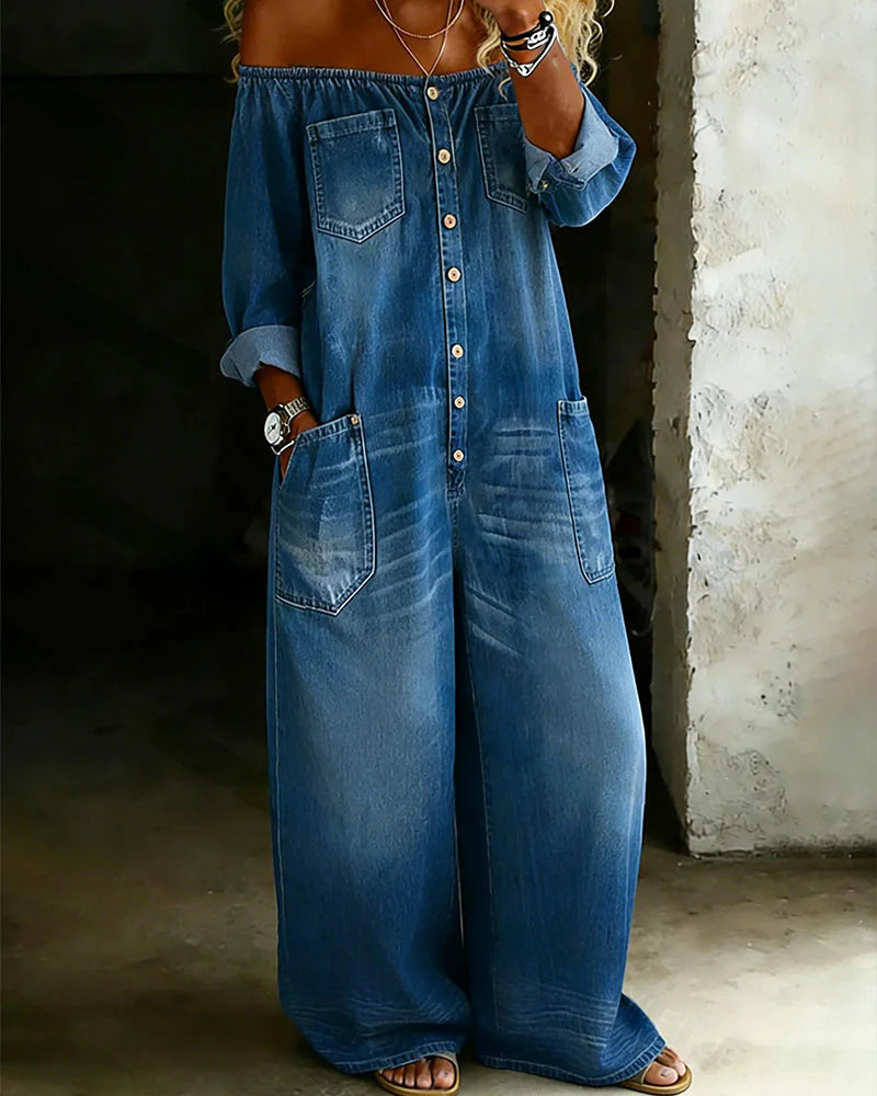 Off Shoulder Denim Jumpsuit with Wide-Leg Pants